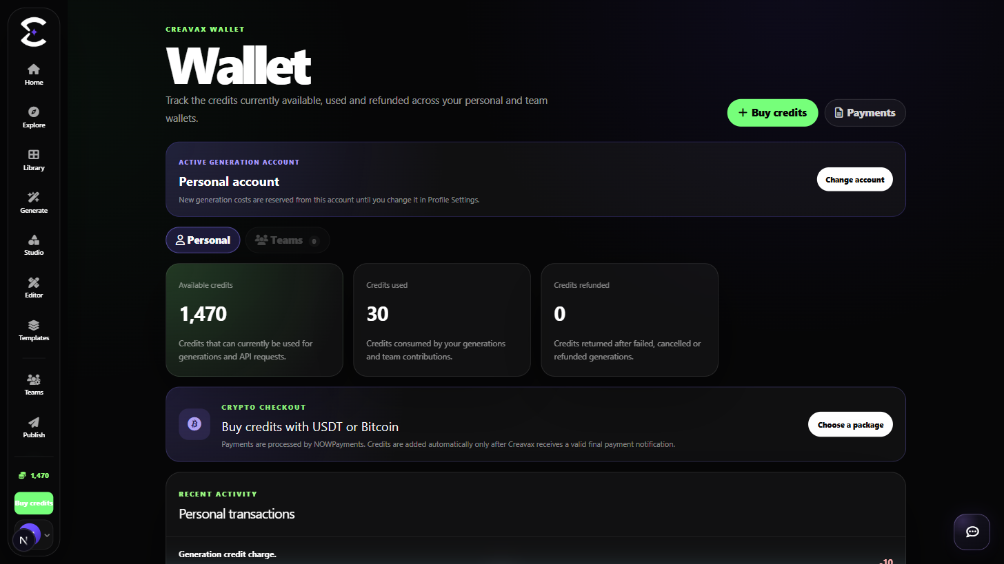 NegarAI billing workspace with personal balance, team wallet and credit usage