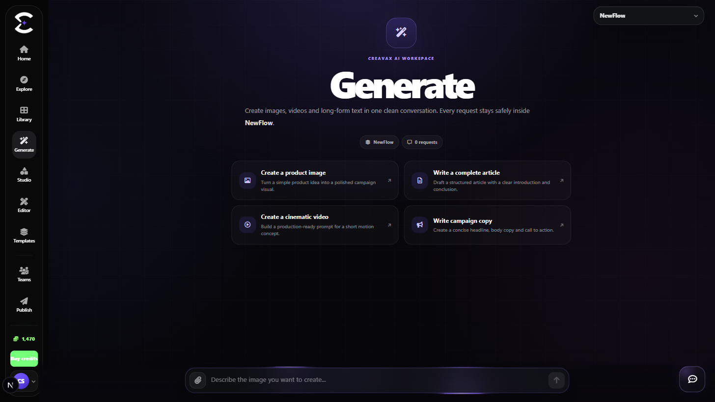 NegarAI Generate workspace with prompt bar, output selector and model controls