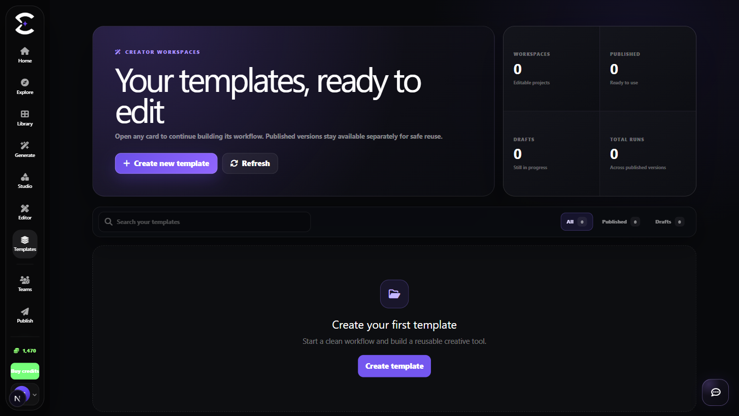 NegarAI Templates workspace with reusable workflows and Template Builder projects